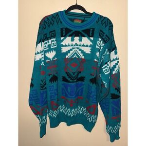 Vintage Oakton Limited Vintage 90s Teal Geometric Tribal Knit Sweater Men Tall L